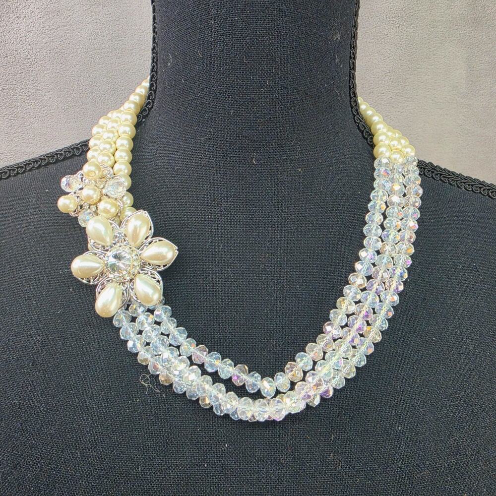Vtg Necklace Faux Pearl Crystal Multi Strand Bib Floral Rhinestone Silver Tone
